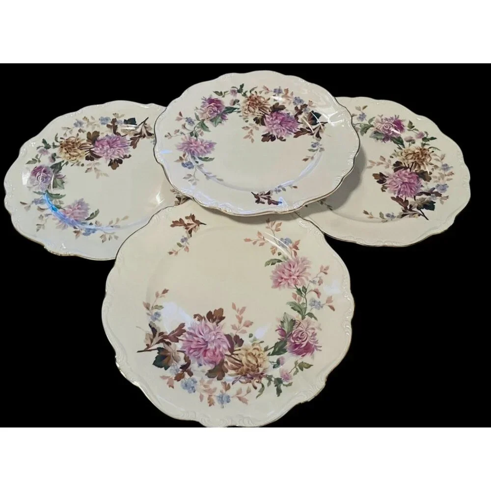 Set 4 Vtg 50s Rosenthal Ivory Daphne DINNER Plates Purple Floral Gold Trim China - Picture 2 of 9